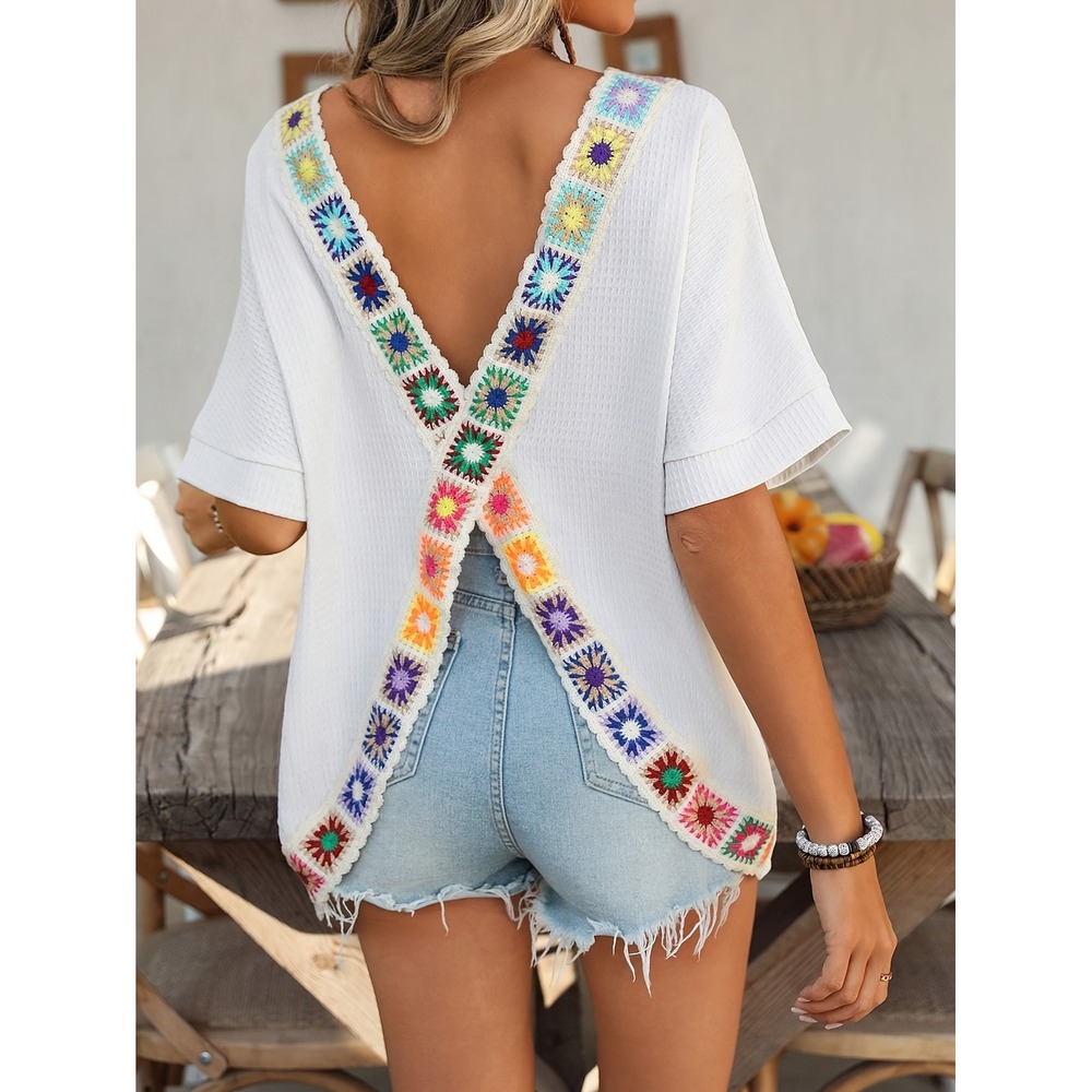 Unbranded White Waffle Knit‎ Open Back Top Rainbow Crochet Trim Boho NEW sz M